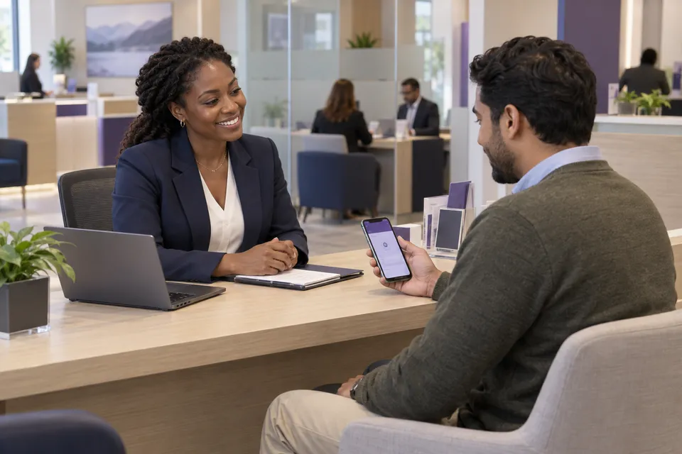 Illustrative bank branch with an advisor welcoming a customer holding a phone at a consultation desk.