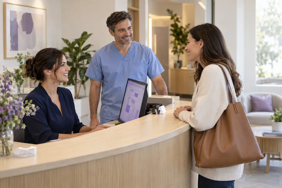 Illustrative clinic reception with a visitor, receptionist at her workstation, and a healthcare colleague.
