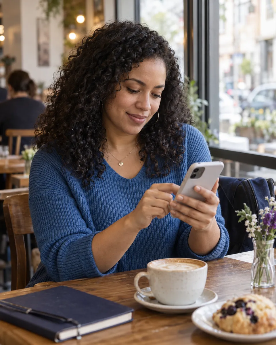 Illustrative scene of a woman choosing an appointment on her phone by a café window.