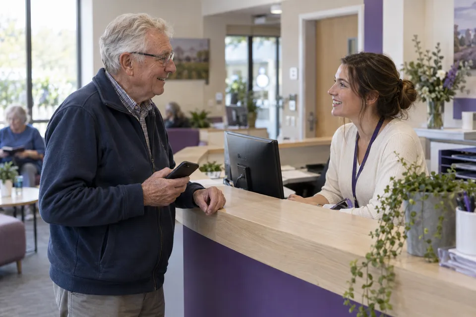 Illustrative scene of an older visitor with a phone being welcomed by a receptionist at a community service center.