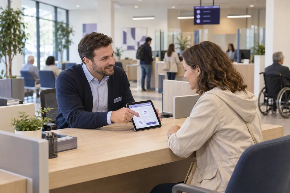 Illustrative public-service office with an employee helping a visitor at a service counter using a tablet.